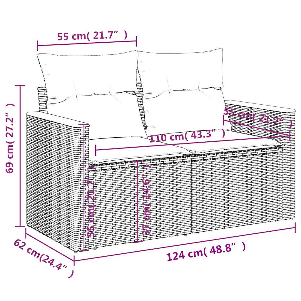 10-teiliges Gartensofa-Set mit Kissen, schwarzes Polyrattan