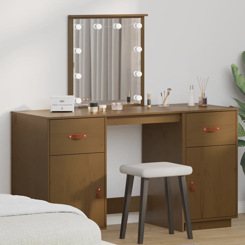 Schminktisch-Set mit LED Weiß Massivholz Kiefer