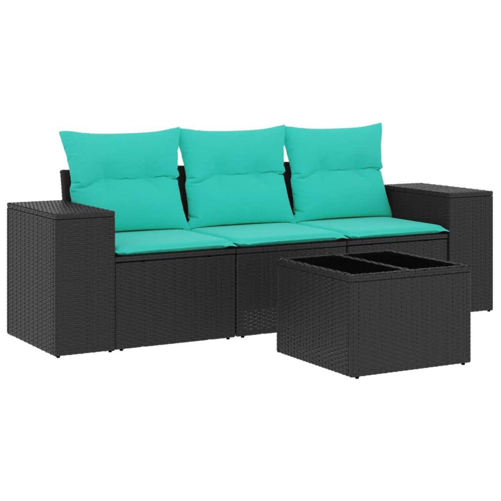3-teiliges Gartensofa-Set mit Kissen, schwarzes Polyrattan