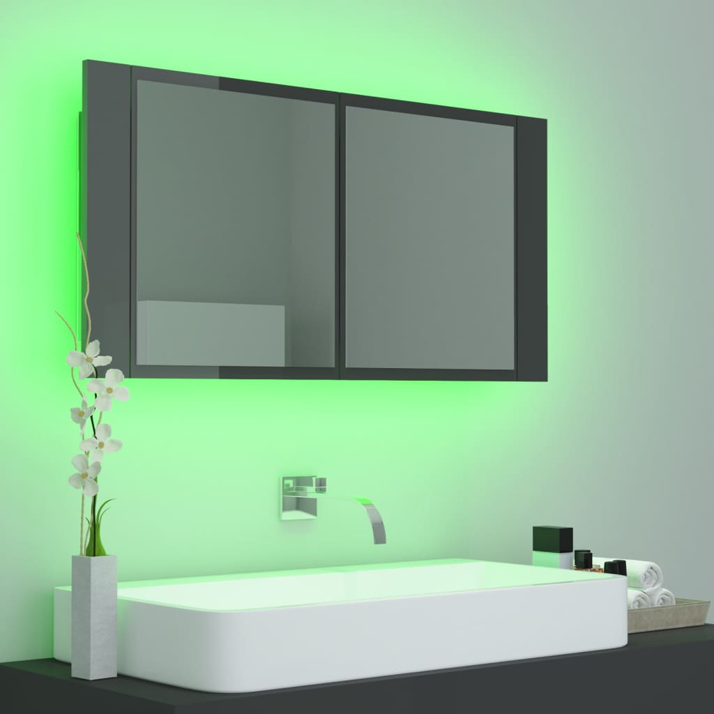 LED-Bad-Spiegelschrank Grau 90x12x45 cm Acryl