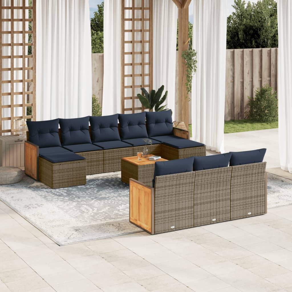 10-teiliges Gartensofa-Set mit Kissen, schwarzes Polyrattan
