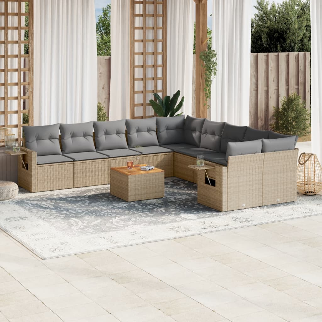 11-tlg. Garten-Sofagarnitur mit Kissen Schwarz Poly Rattan