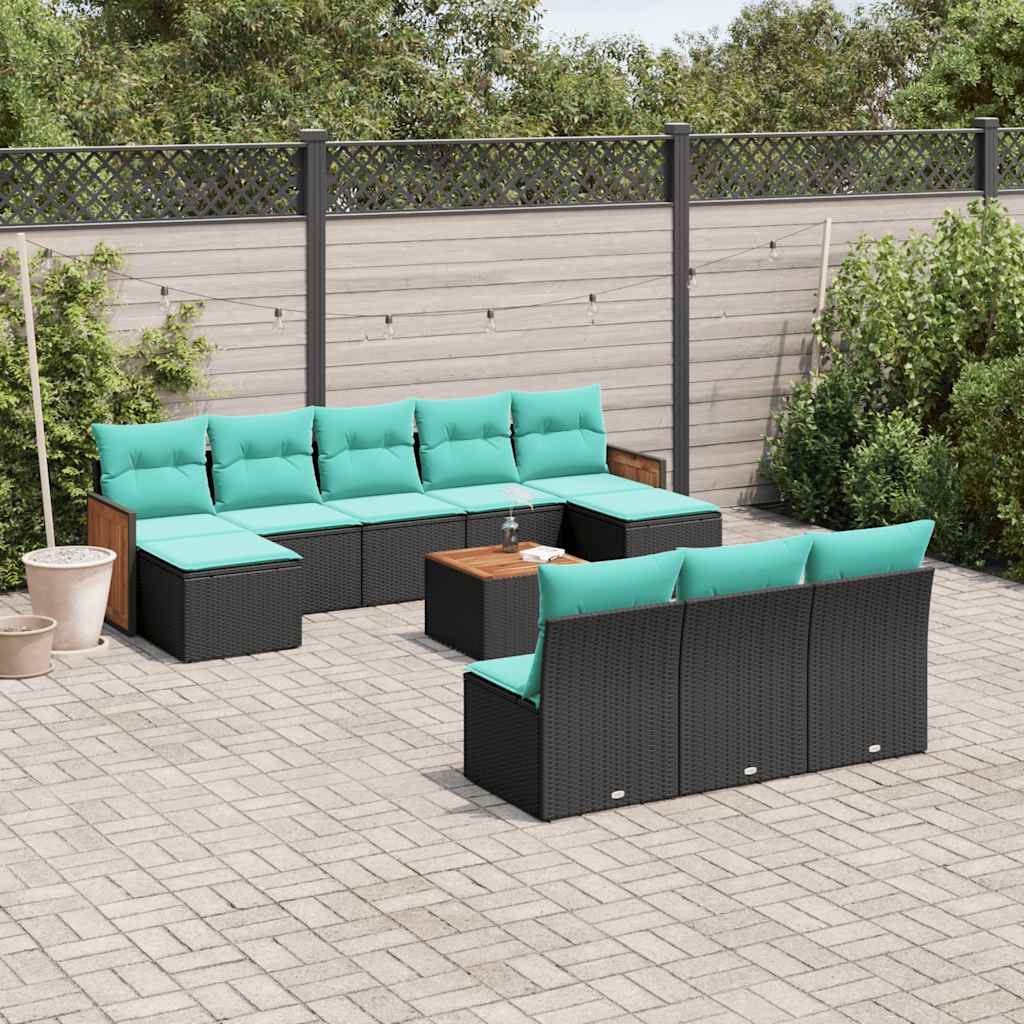 10-teiliges Gartensofa-Set mit Kissen, schwarzes Polyrattan