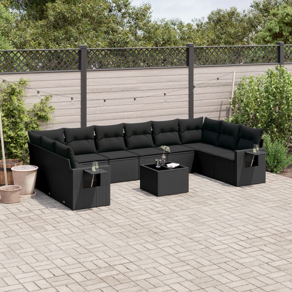 10-tlg. Garten-Sofagarnitur mit Kissen Schwarz Poly Rattan