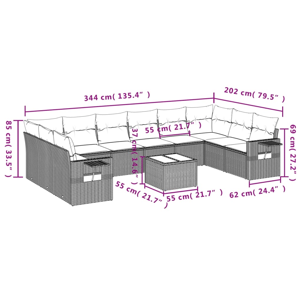 10-tlg. Garten-Sofagarnitur mit Kissen Schwarz Poly Rattan