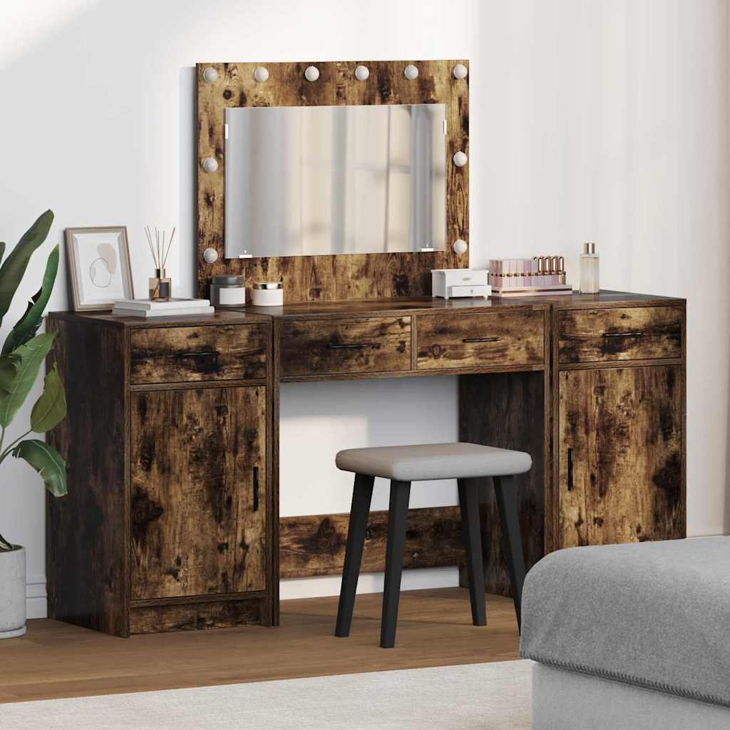 Schminktisch mit Spiegelbeleuchtung 3 pcs Weiß Holzwerkstoff