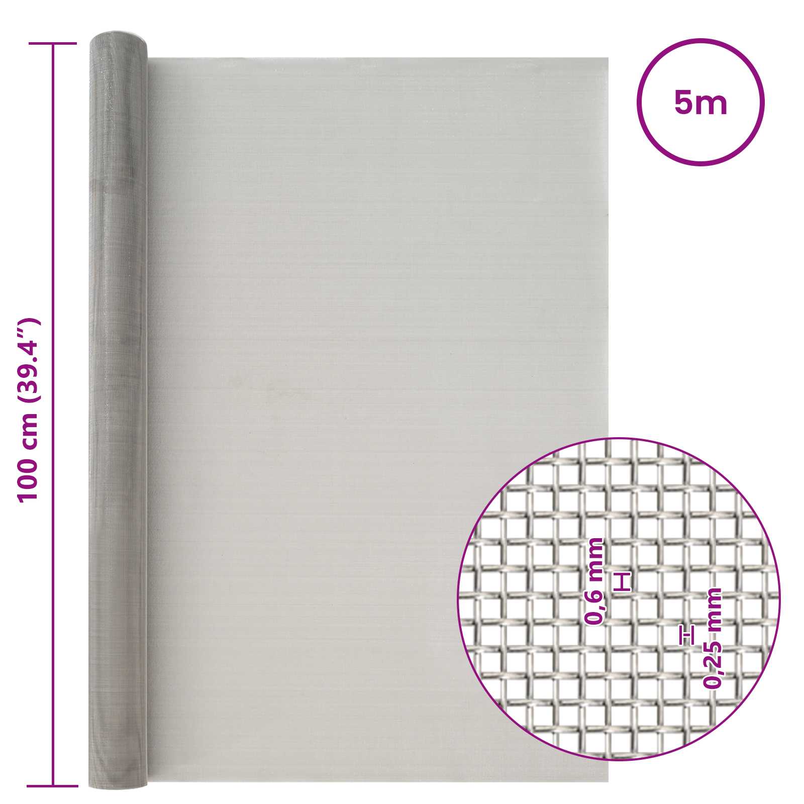 Mesh Bildschirm 20 x 500 cm 20 Mesh Edelstahl 201 Silber