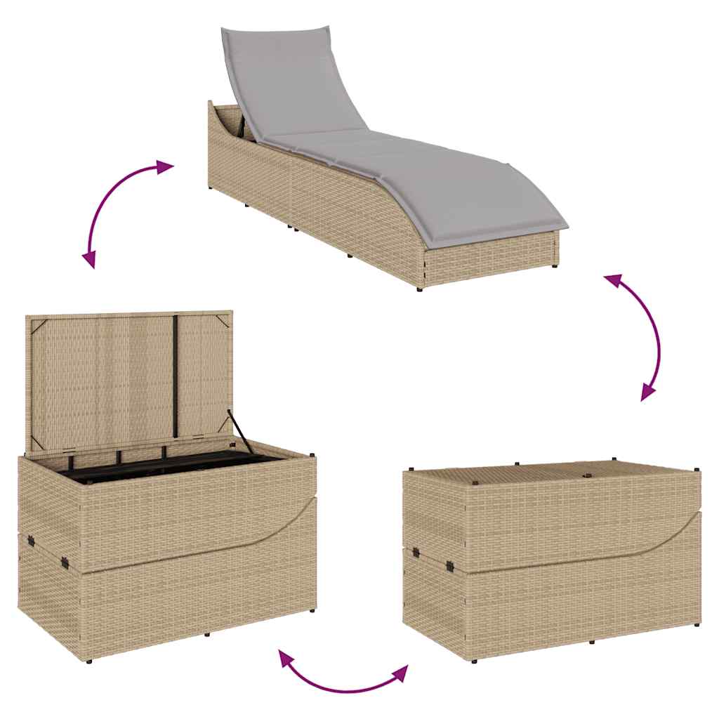 Klappliege mit Auflage und Stauraum Schwarz Poly-Rattan