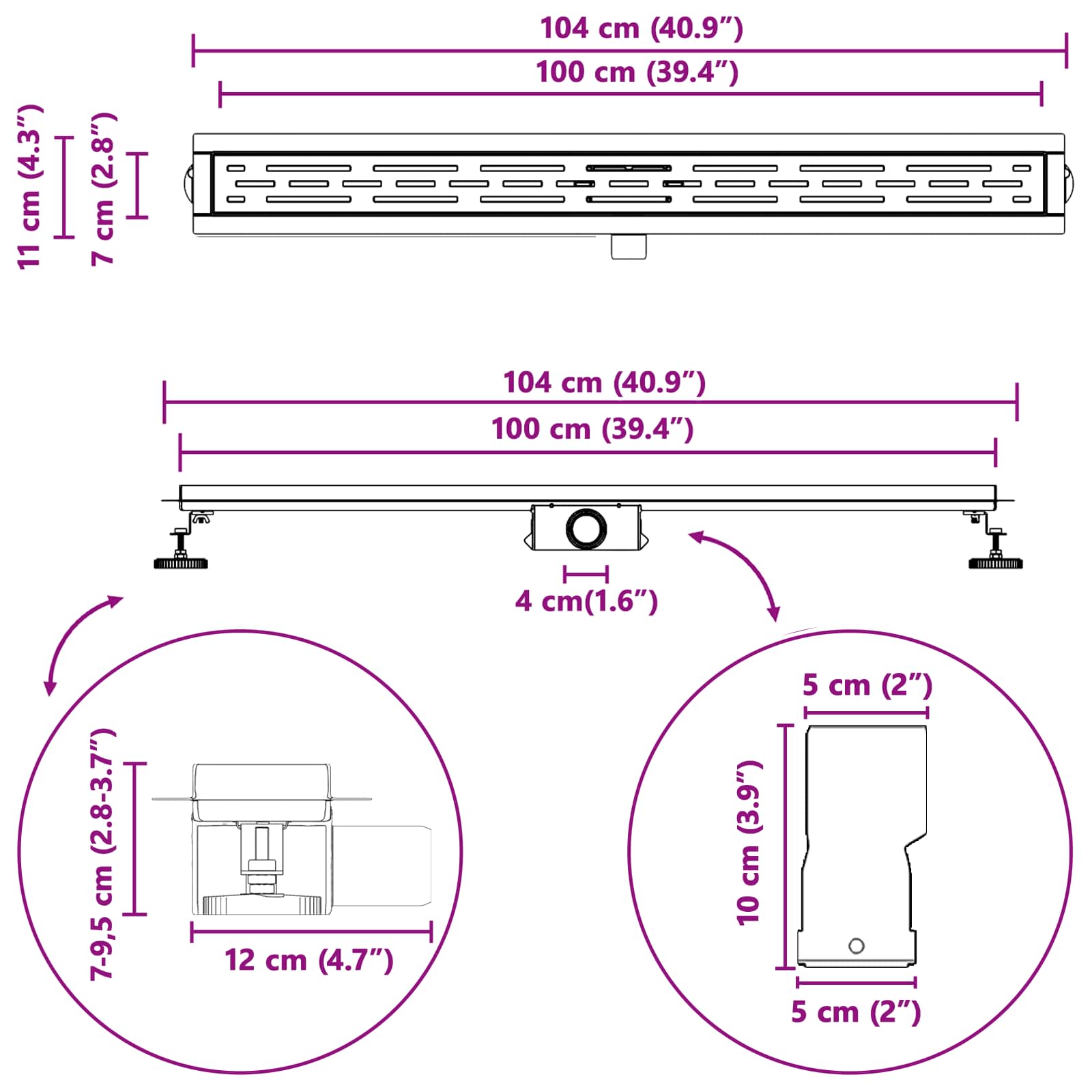 Duschabfluss mit Glasabdeckung Schwarz 50 cm Edelstahl 304