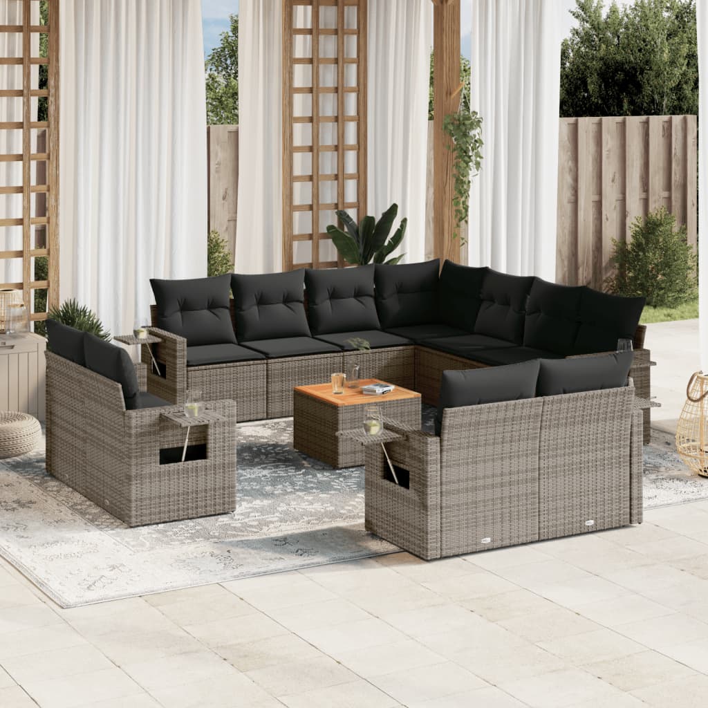 12-tlg. Garten-Sofagarnitur mit Kissen Schwarz Poly Rattan