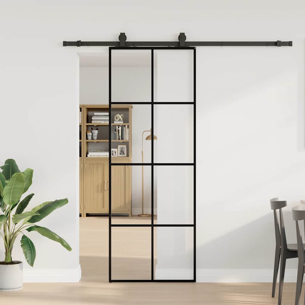 Schiebetür mit Beschlag Schwarz 76x205 cm ESG-Glas