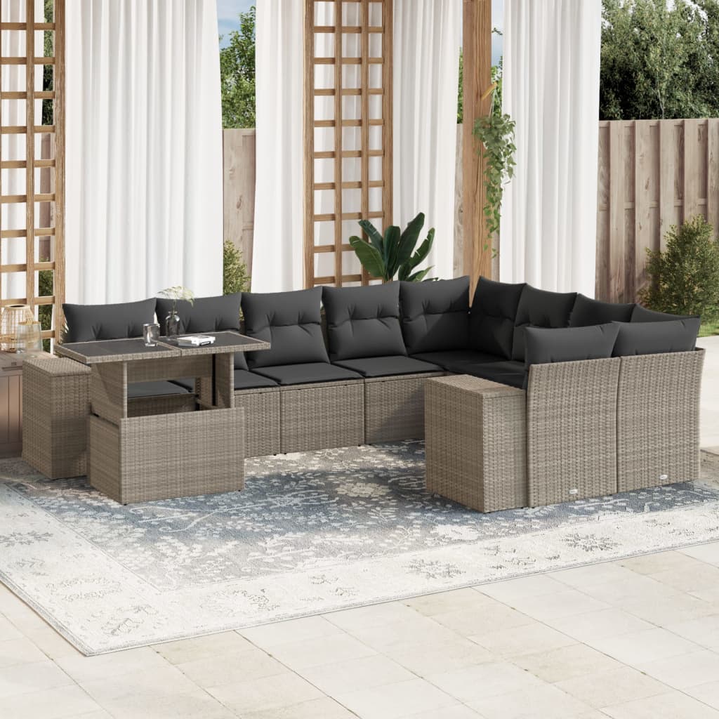 10-tlg. Garten-Sofagarnitur mit Kissen Beige Poly Rattan