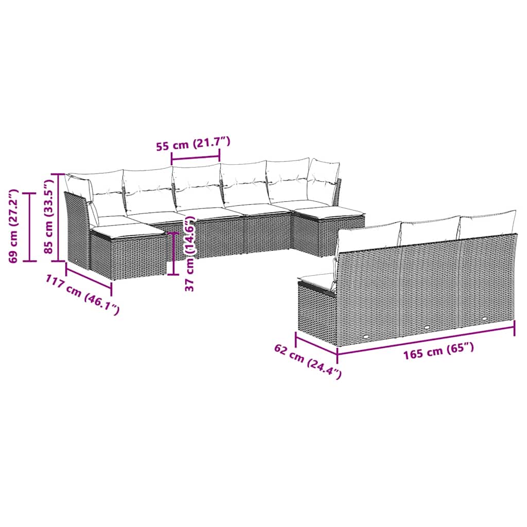 10-tlg. Garten-Sofagarnitur mit Kissen Schwarz Poly Rattan