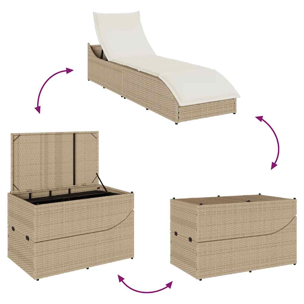 Klappliege mit Auflage und Stauraum Schwarz Poly-Rattan
