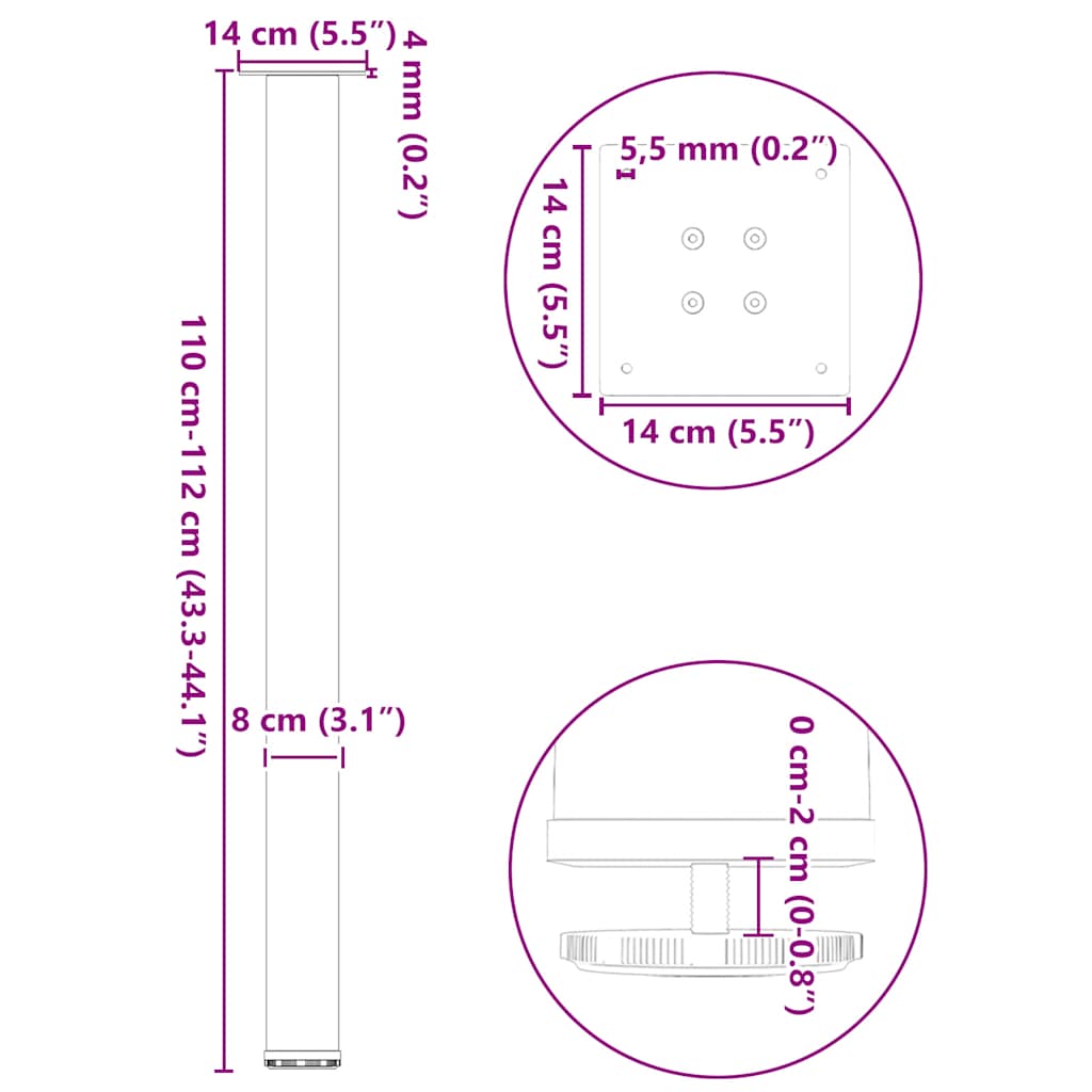 Bartischbeine 4 Stk. Schwarz 100-102 cm Stahl