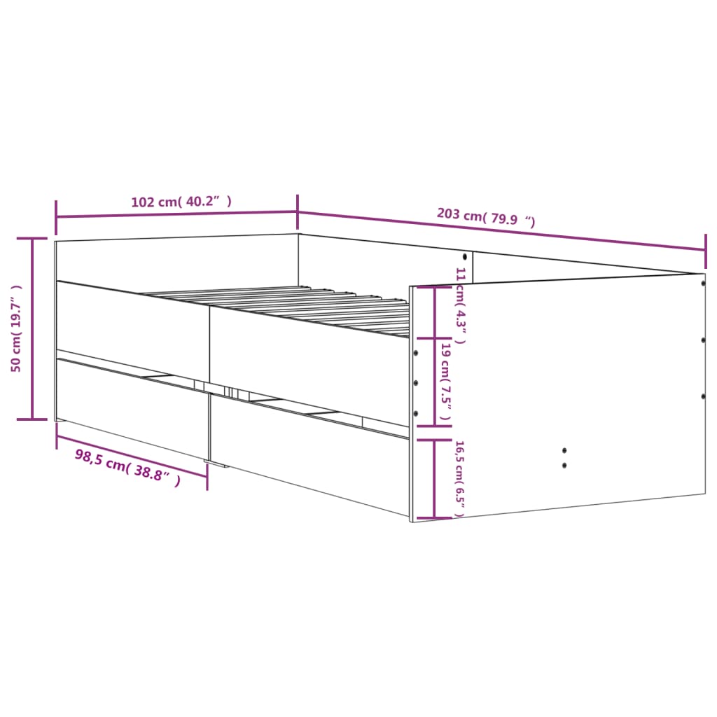 Bett mit Schubladen Braun Eiche-Optik 75x190 cm
