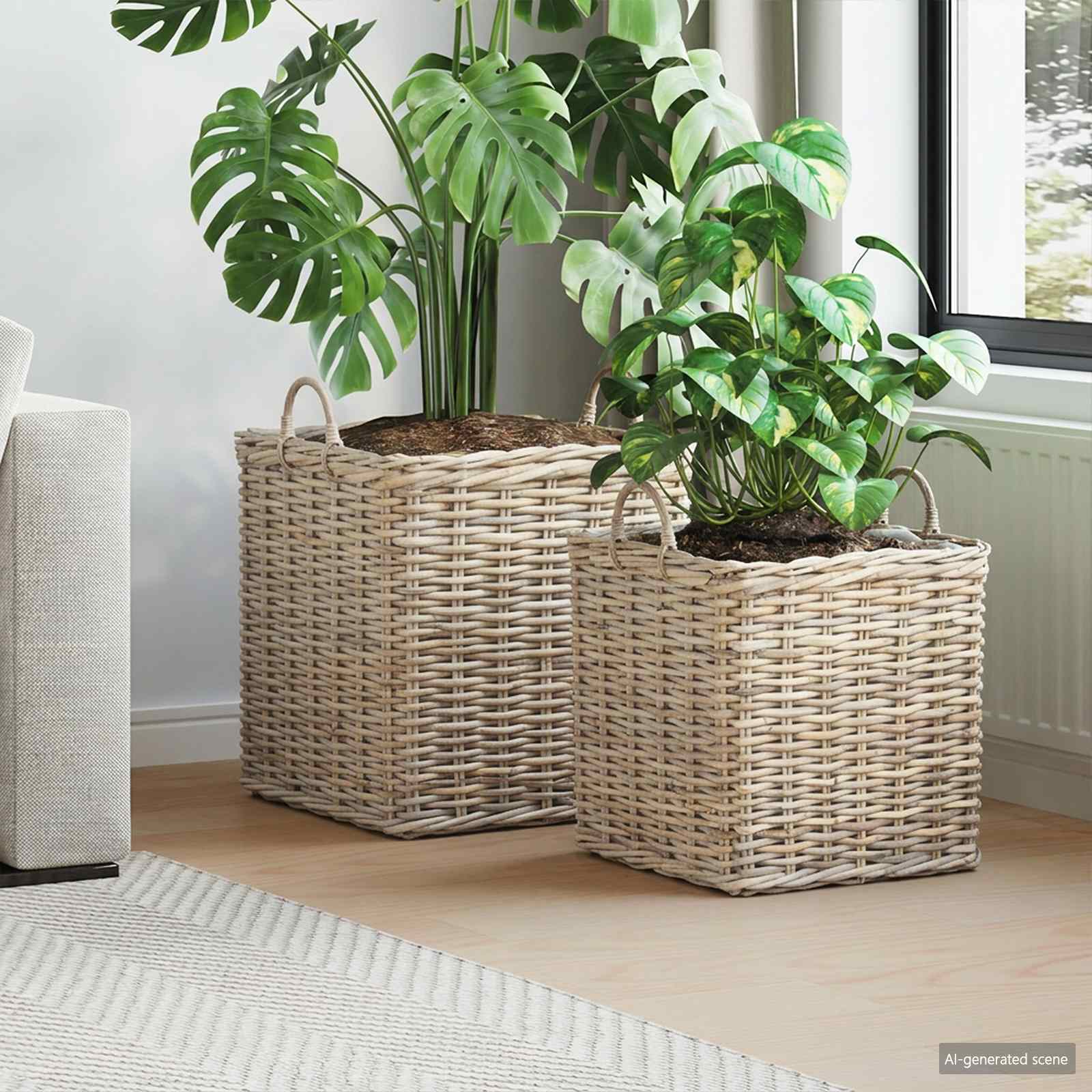 Pflanzer Korb mit Speicher 2 Stk. Natürliches Grau Kubu Rattan