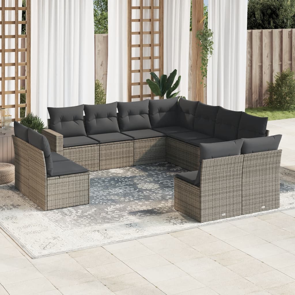 11-tlg. Garten-Sofagarnitur mit Kissen Schwarz Poly Rattan