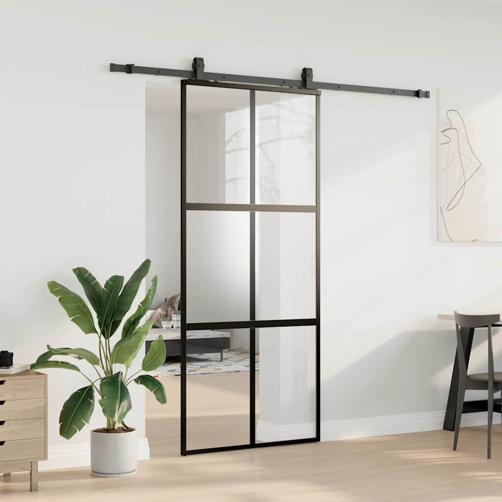 Schiebetür mit Beschlag Schwarz 76x205 cm Hartglas