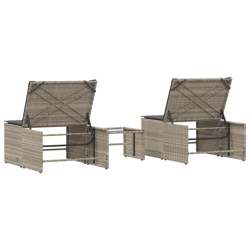Modulare Sonnenliegen 2 Stk. mit Tisch Schwarz Poly Rattan