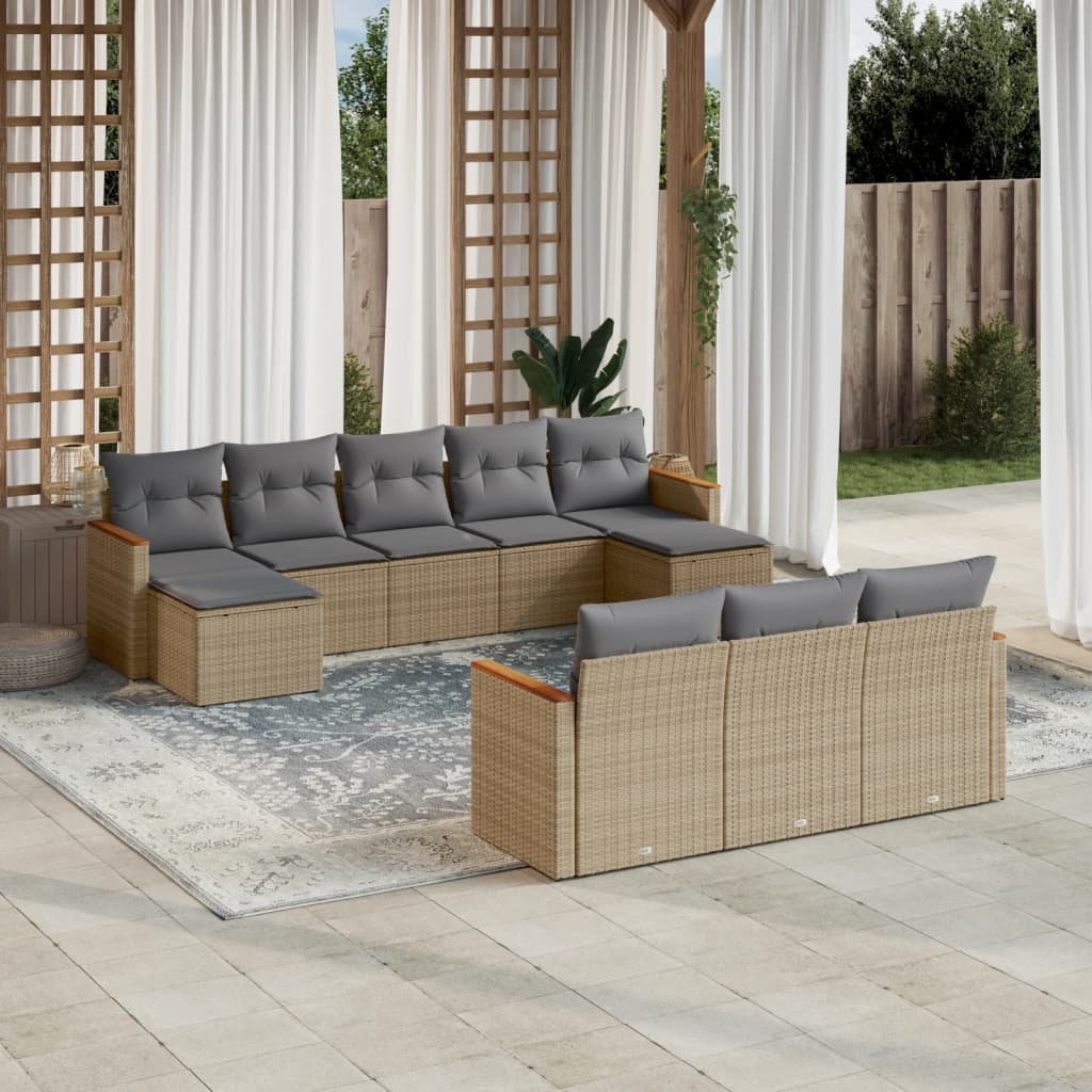 10-tlg. Garten-Sofagarnitur mit Kissen Schwarz Poly Rattan