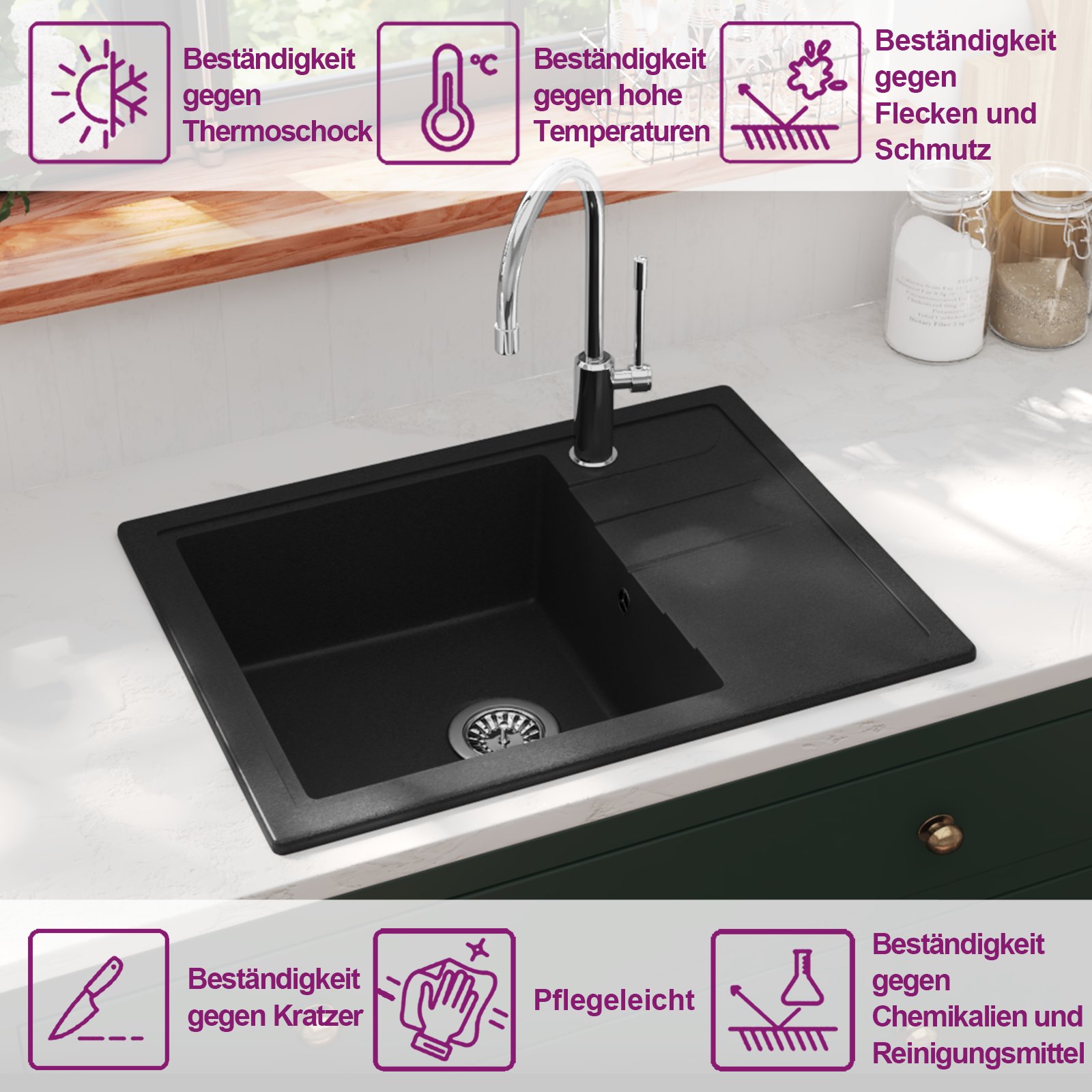 Küchenspüle mit Überlauf Oval Schwarz Granit