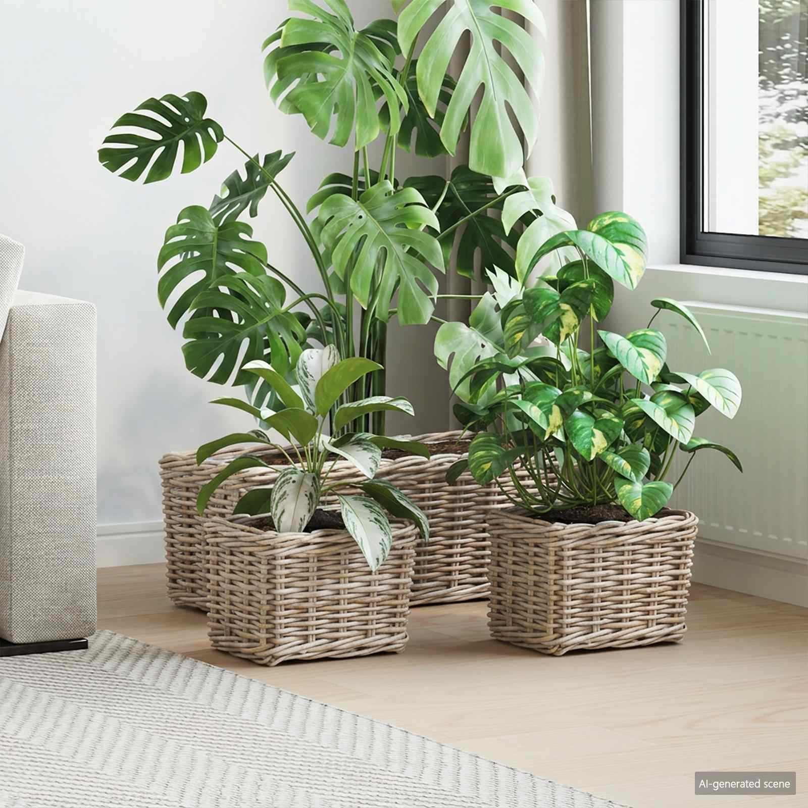 Blumentopfkorb mit Speicher 3 Stk. Natürliches Grau Kubu Rattan