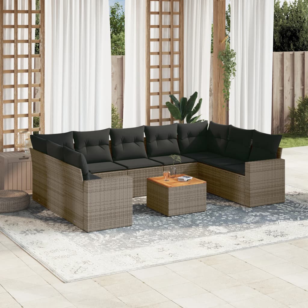 10-tlg. Garten-Sofagarnitur mit Kissen Schwarz Poly Rattan