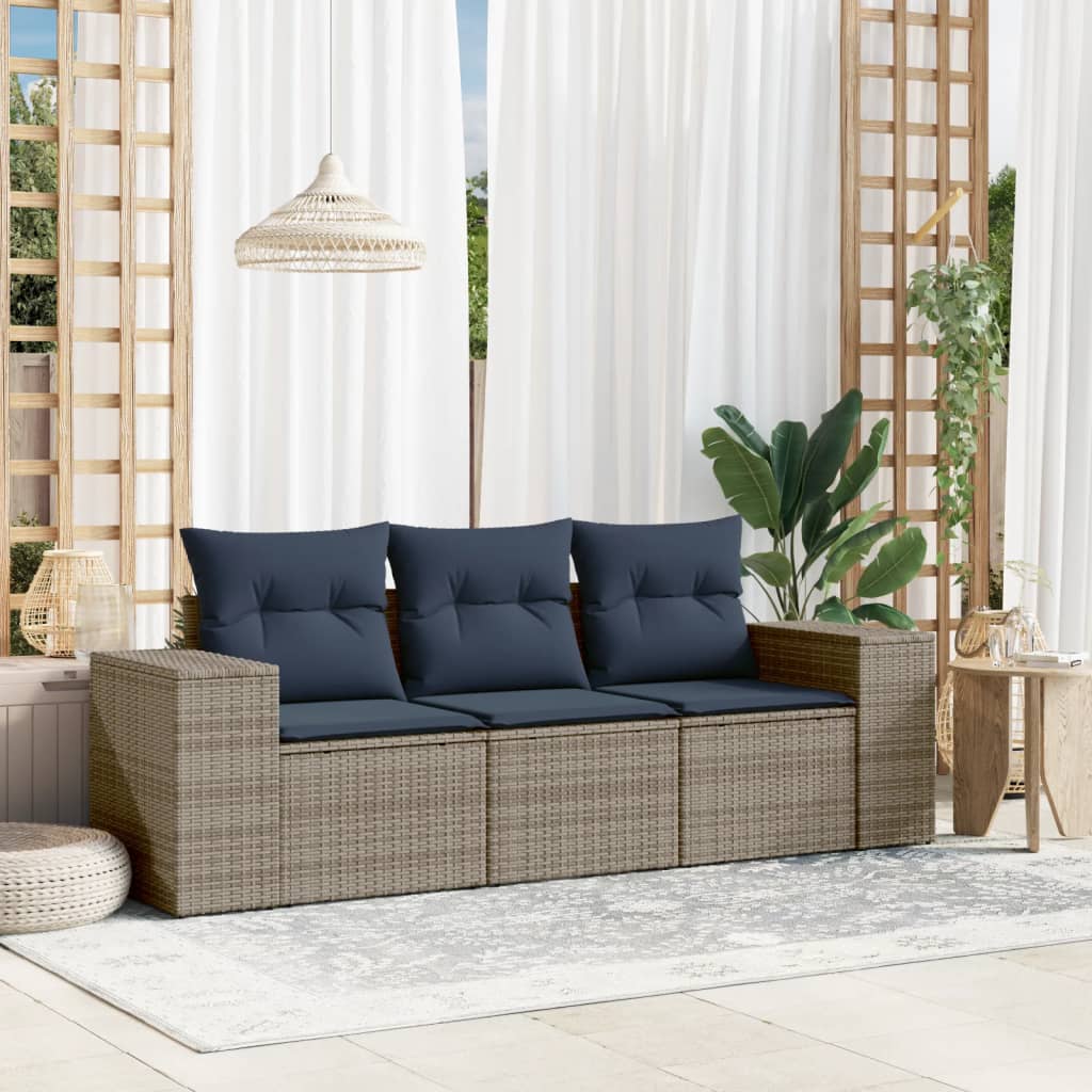 3-teiliges Gartensofa-Set mit Kissen, schwarzes Polyrattan