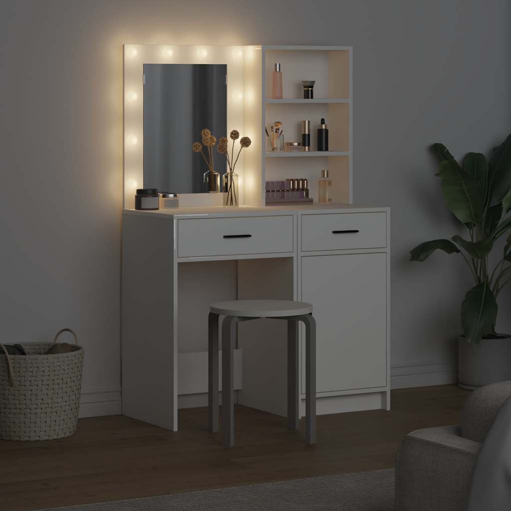 Schminktischset mit LED mit Schubladen 2 pcs Weiß Holzwerkstoff