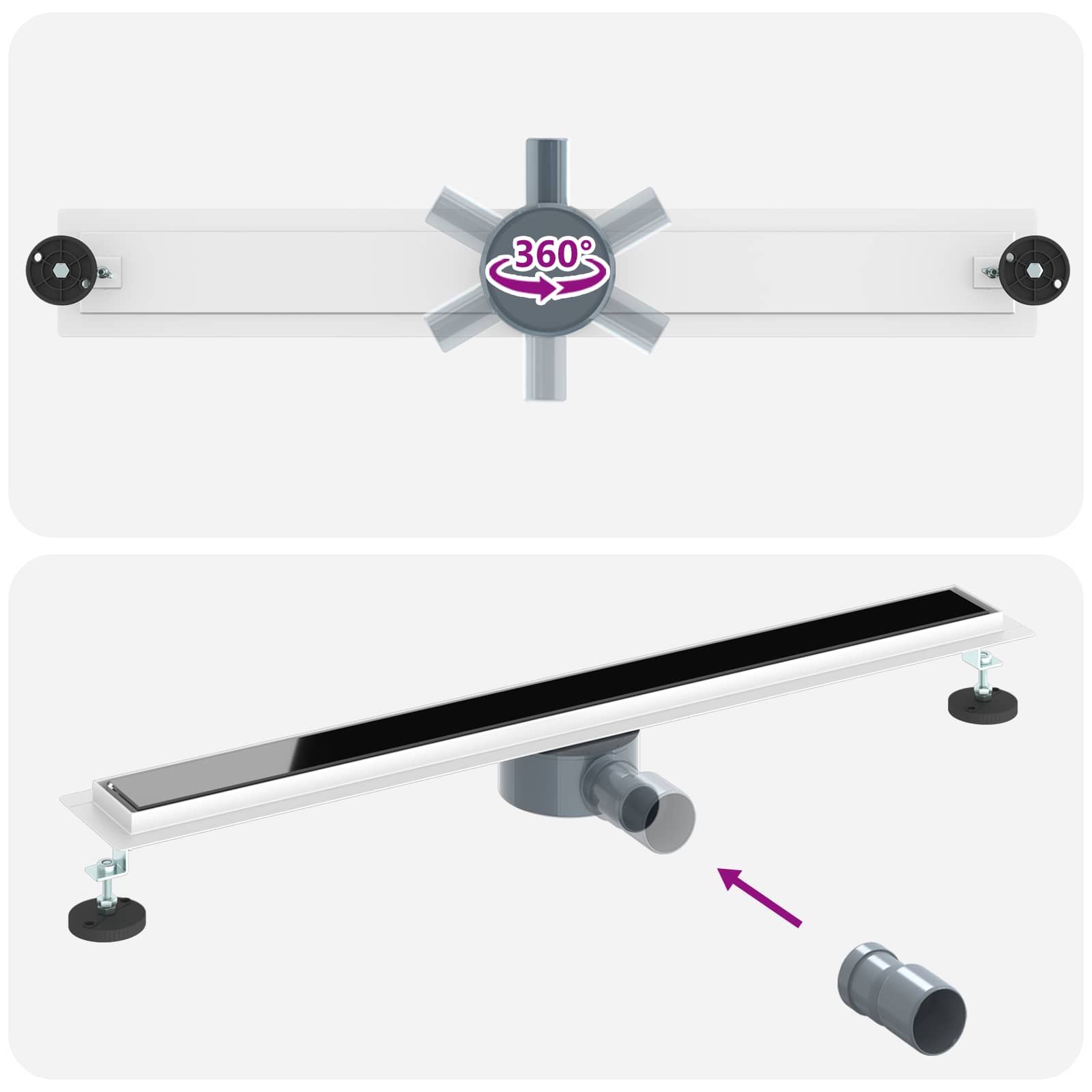 Duschabfluss mit Glashülle und 360° Siphon Schwarz 50 cm