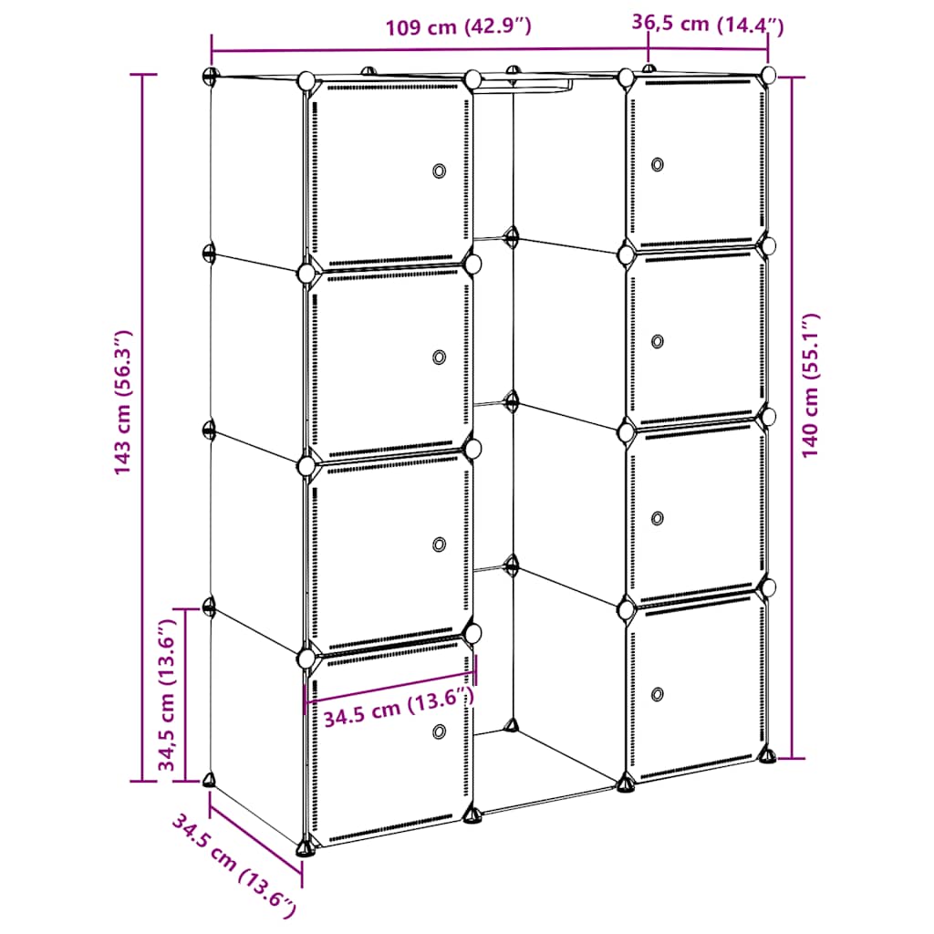 Modularer Schrank mit 9 Fächern 109x36,5x143cm Schwarz und Weiß