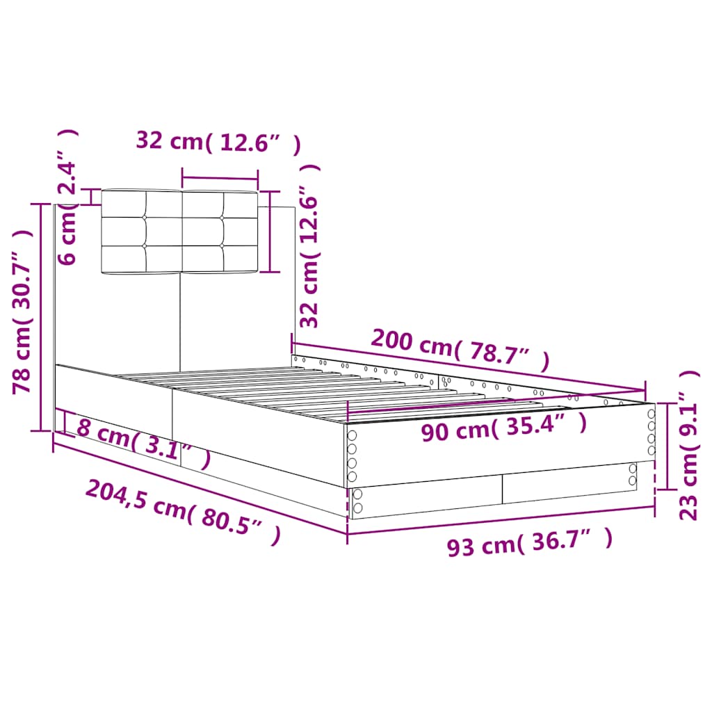 Bettgestell mit Kopfteil Grau Sonoma 180x200 cm Holzwerkstoff