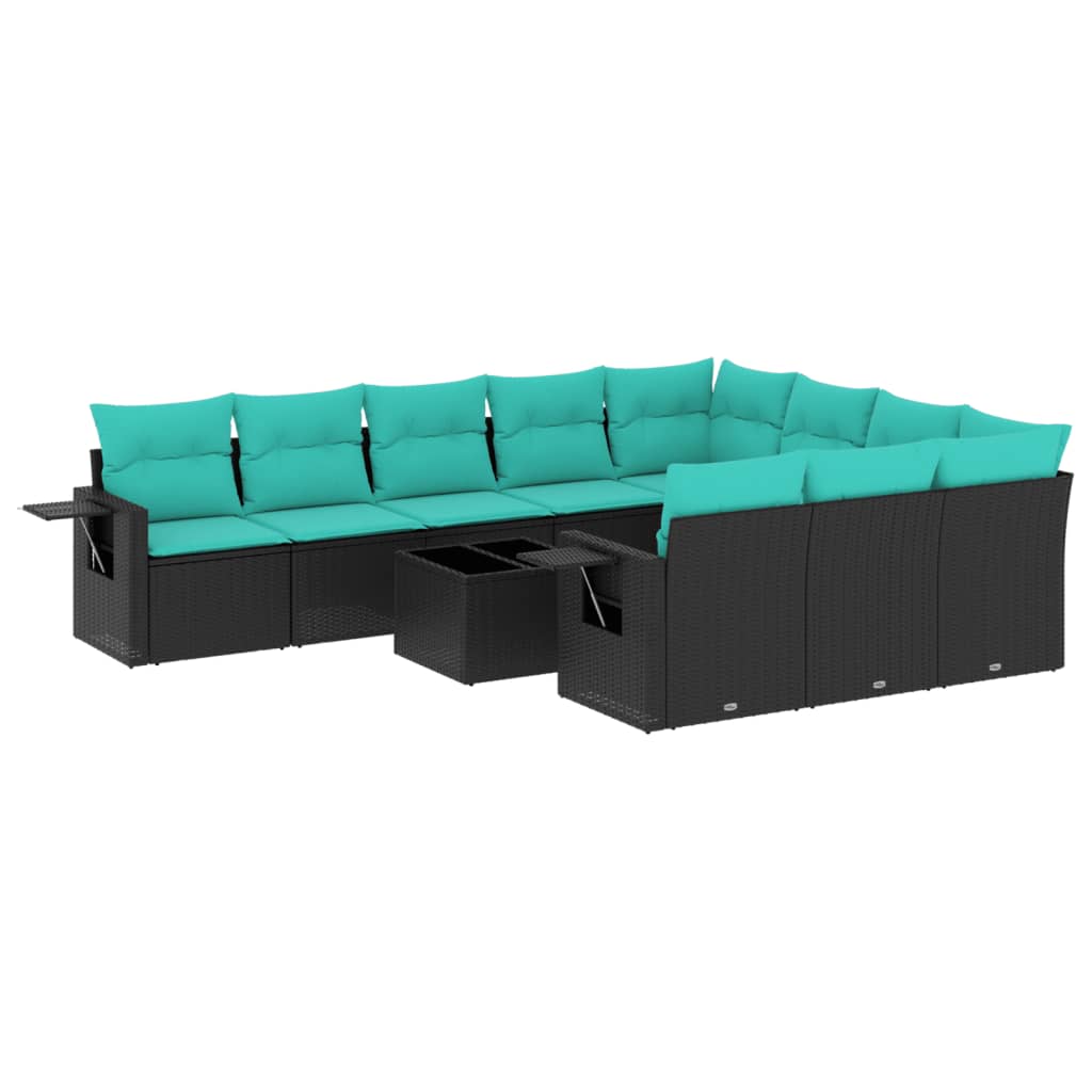 10-teiliges Gartensofa-Set mit Kissen, schwarzes Polyrattan