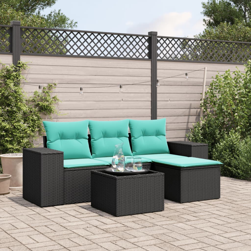 4-teiliges Gartensofa-Set mit Kissen, schwarzes Polyrattan