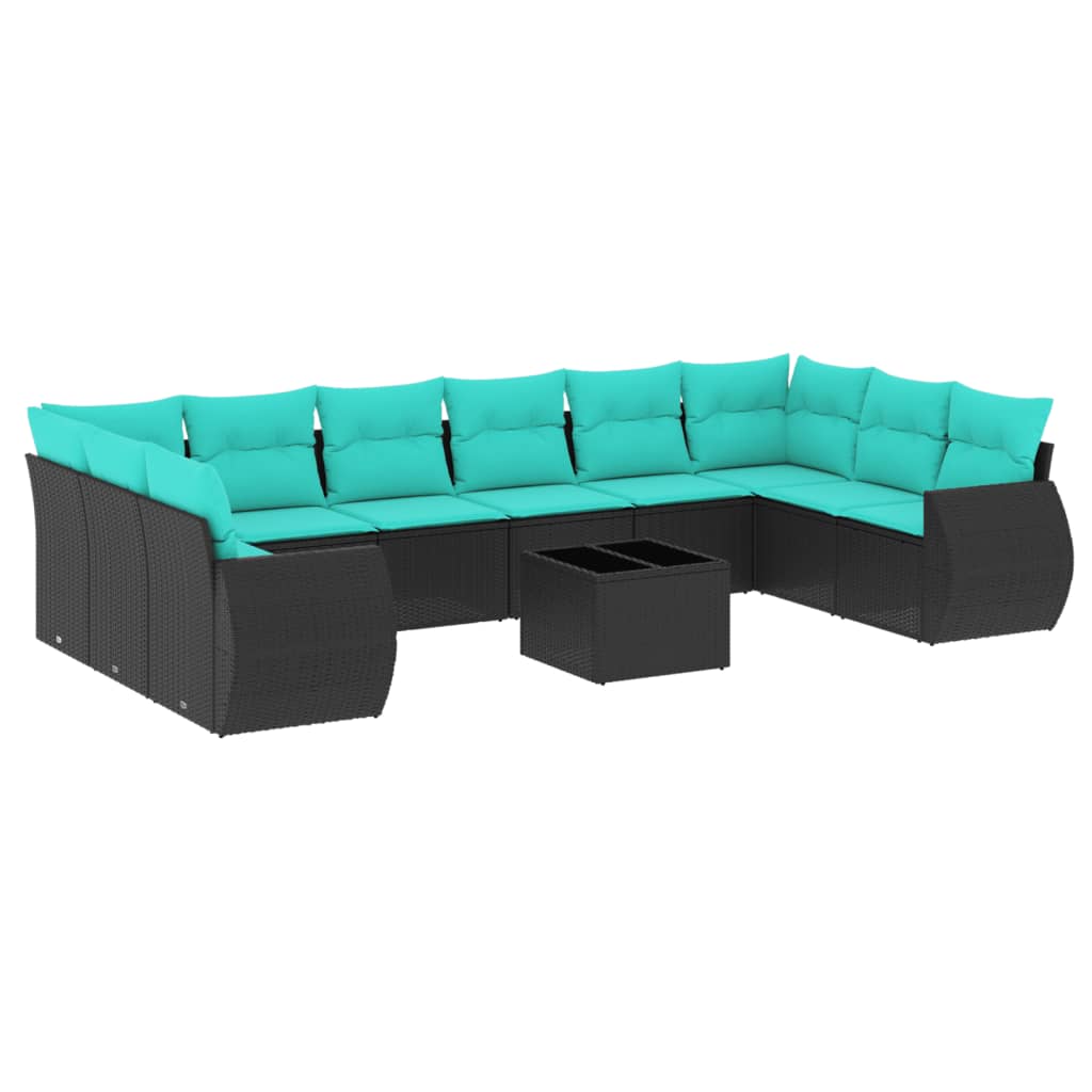 10-teiliges Gartensofa-Set mit Kissen, schwarzes Polyrattan