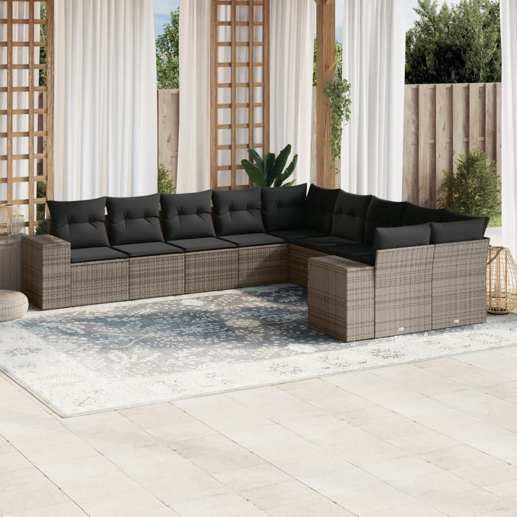10-tlg. Garten-Sofagarnitur mit Kissen Schwarz Poly Rattan