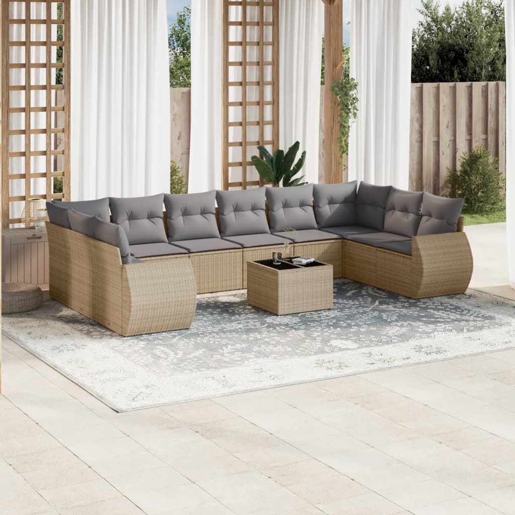 10-tlg. Garten-Sofagarnitur mit Kissen Schwarz Poly Rattan