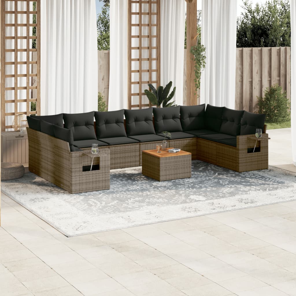 11-tlg. Garten-Sofagarnitur mit Kissen Schwarz Poly Rattan