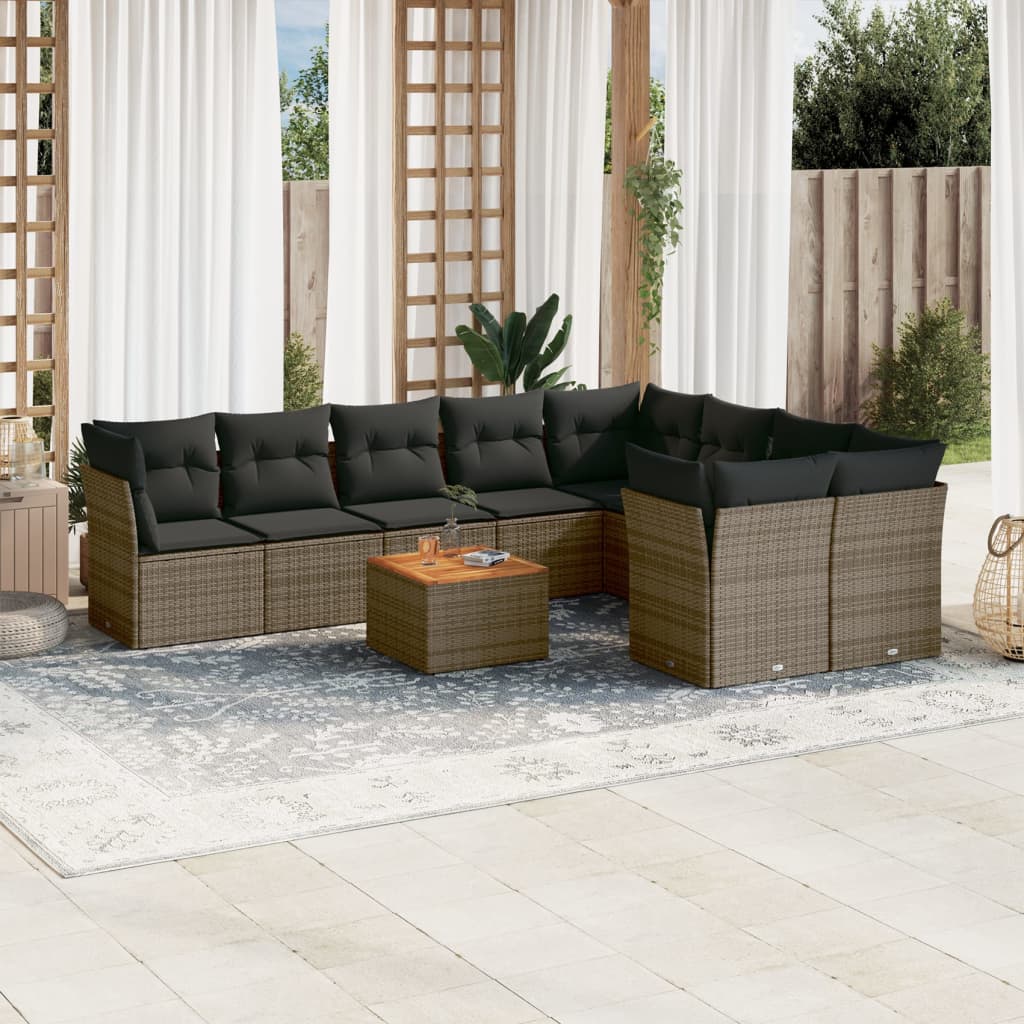 10-tlg. Garten-Sofagarnitur mit Kissen Schwarz Poly Rattan