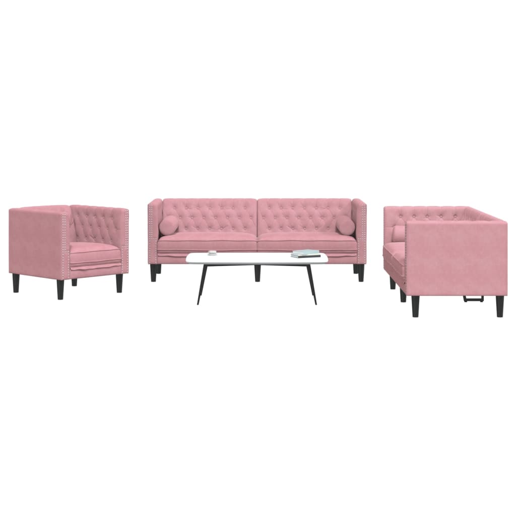 3-tlg. Chesterfield-Sofa-Set mit Nackenrollen Hellgrau Samt