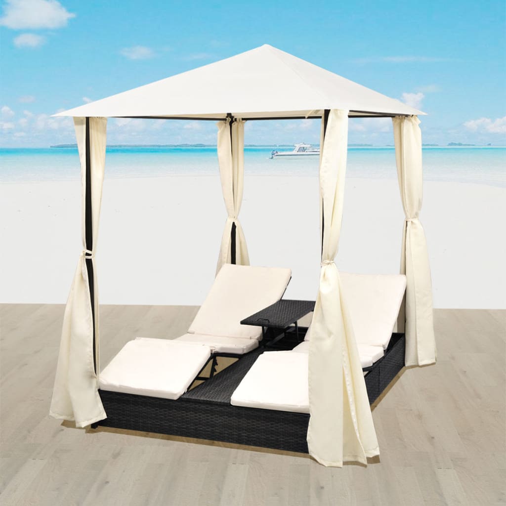 Doppel-Sonnenliege mit Vorhang Poly Rattan Braun