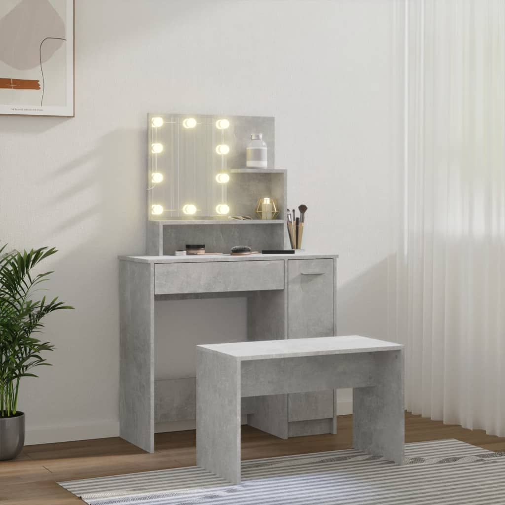 Schminktisch-Set mit LED Weiß Holzwerkstoff