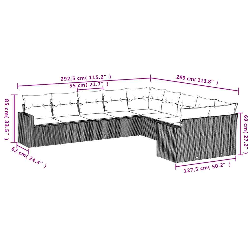 10-tlg. Garten-Sofagarnitur mit Kissen Schwarz Poly Rattan