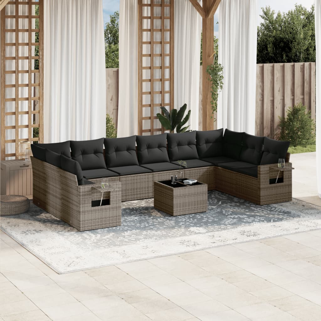 10-tlg. Garten-Sofagarnitur mit Kissen Schwarz Poly Rattan