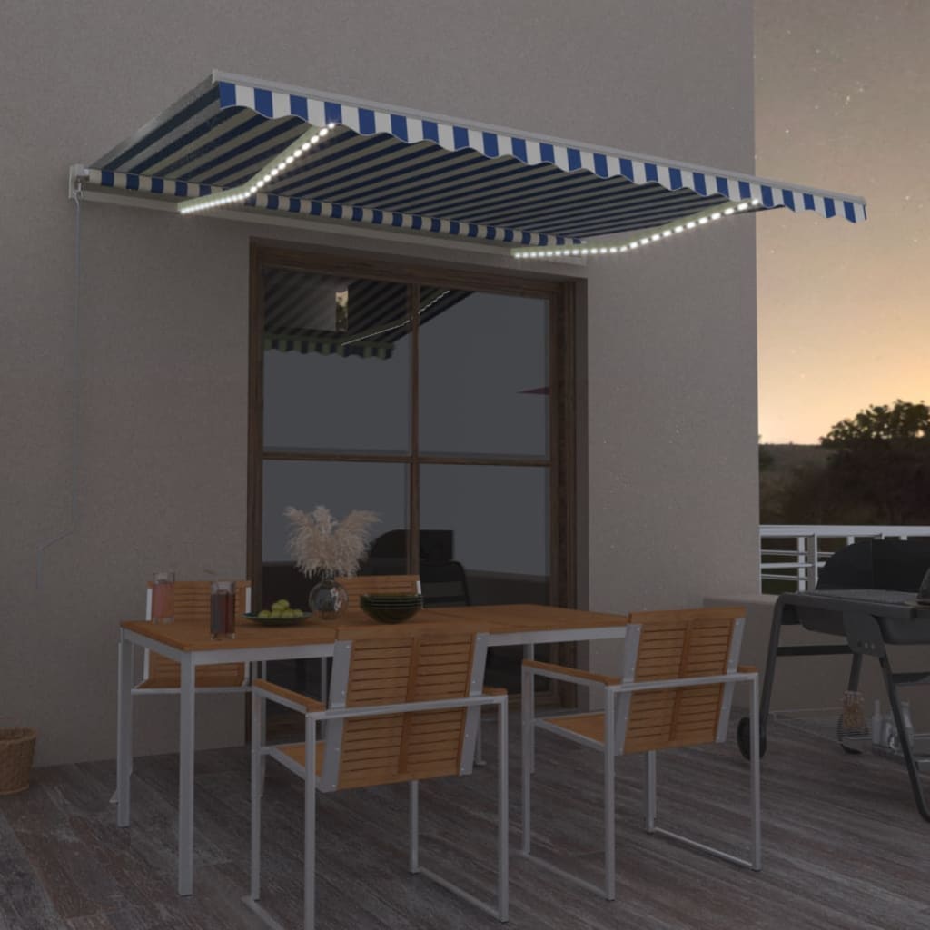 Markise Manuell Einziehbar mit LED 300x250 cm Blau und Weiß
