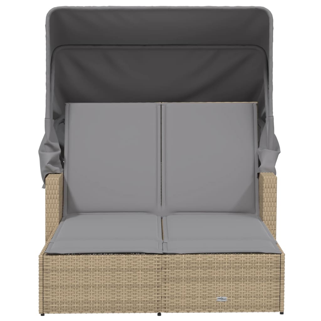 Doppel-Sonnenliege mit Dach und Auflagen Schwarz Poly Rattan