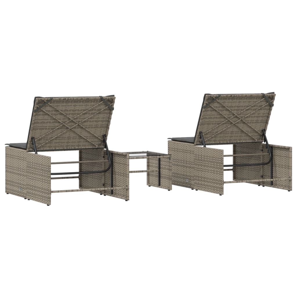 Modulare Sonnenliegen 2 Stk. mit Tisch Schwarz Poly Rattan