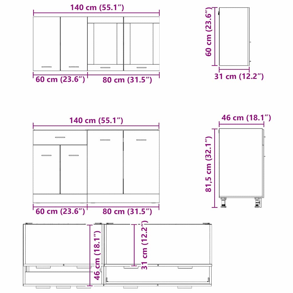 4-tlg. Küchenzeile Lyon Weiß Holzwerkstoff