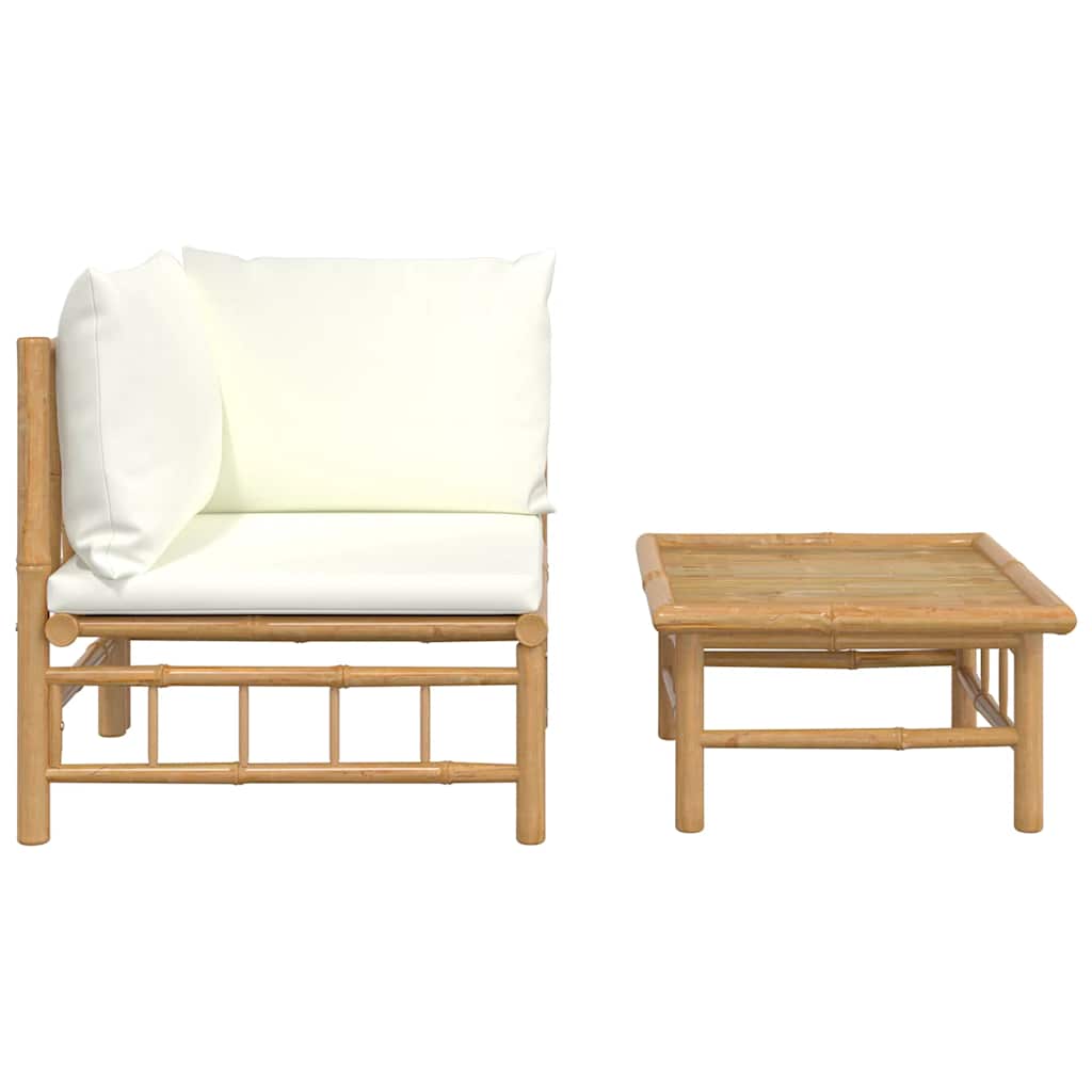 3-tlg. Garten-Lounge-Set mit Kissen Creme Bambus